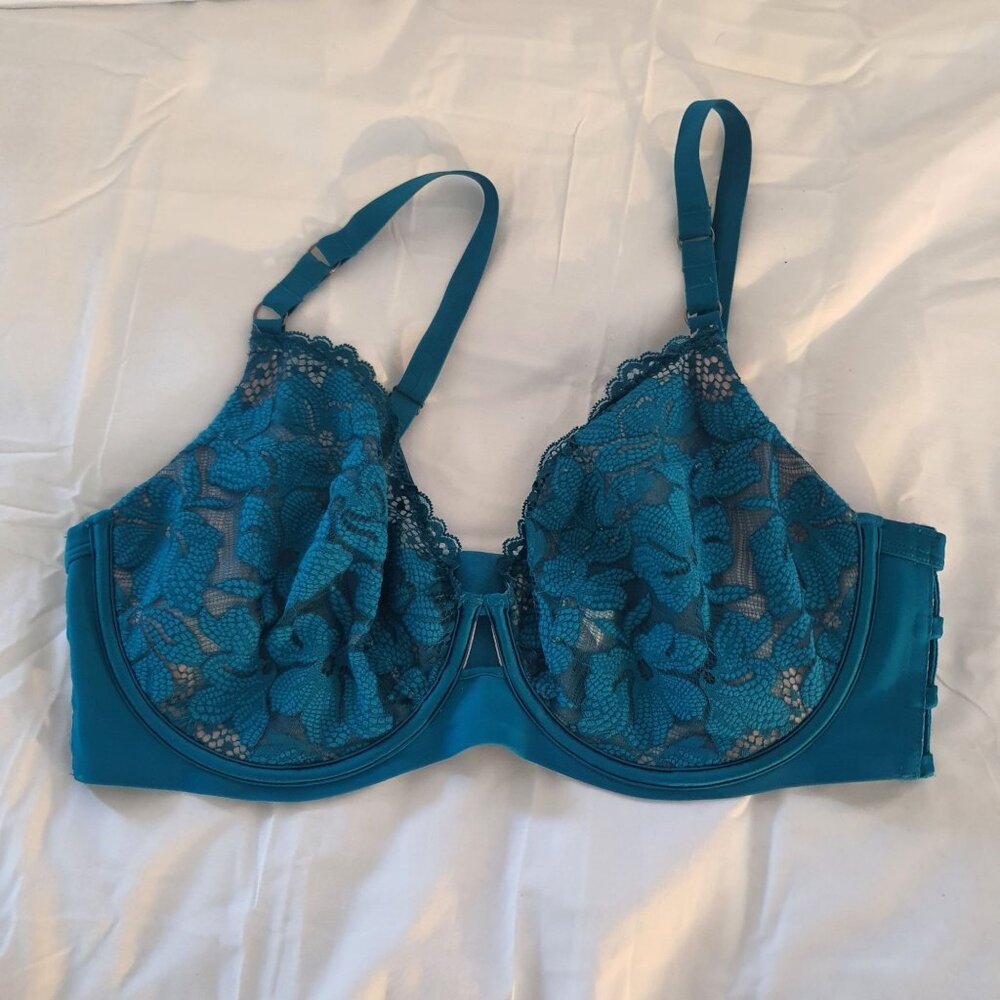 bras N things Teal Bra Sz 38DDD Lace Plus Floral Sheer Women‎ Juniors Girls